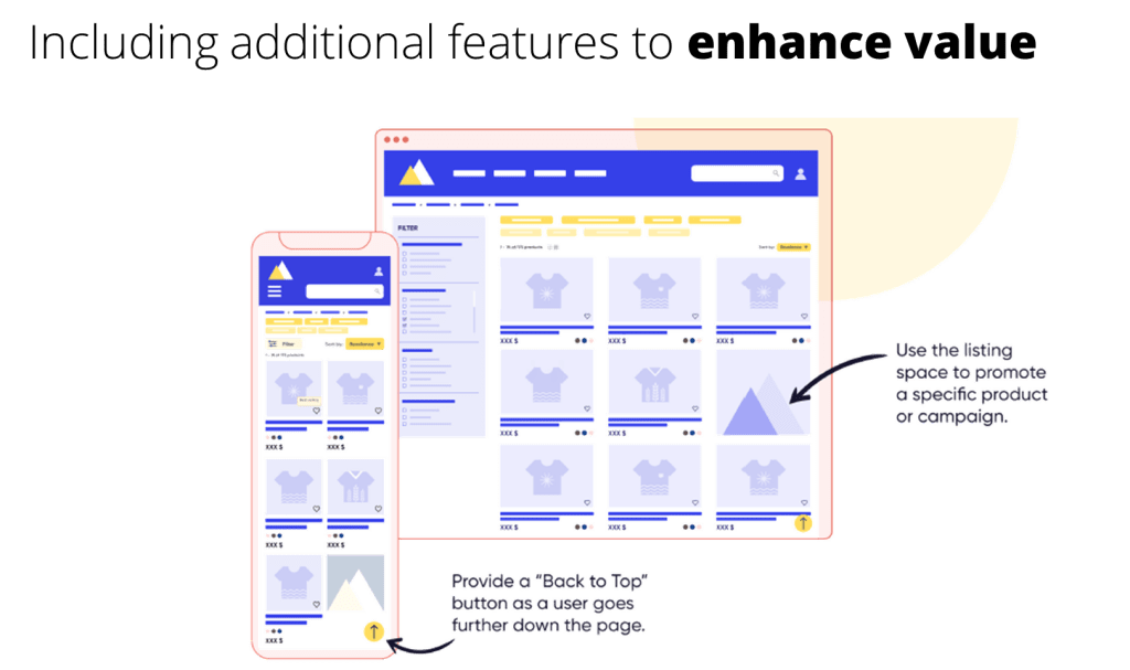 A digital mockup displaying a mobile and desktop interface for an online store, showcasing product listings, filters, and promotional elements.